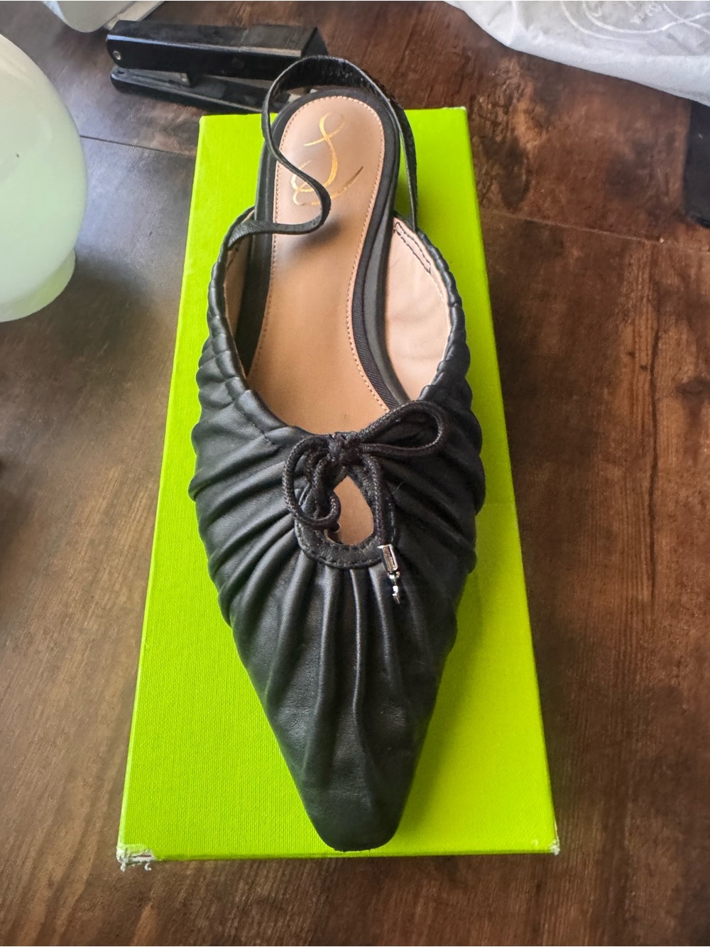 Sam Edelman Black Pointed Slingback Flat with Gathered Leather